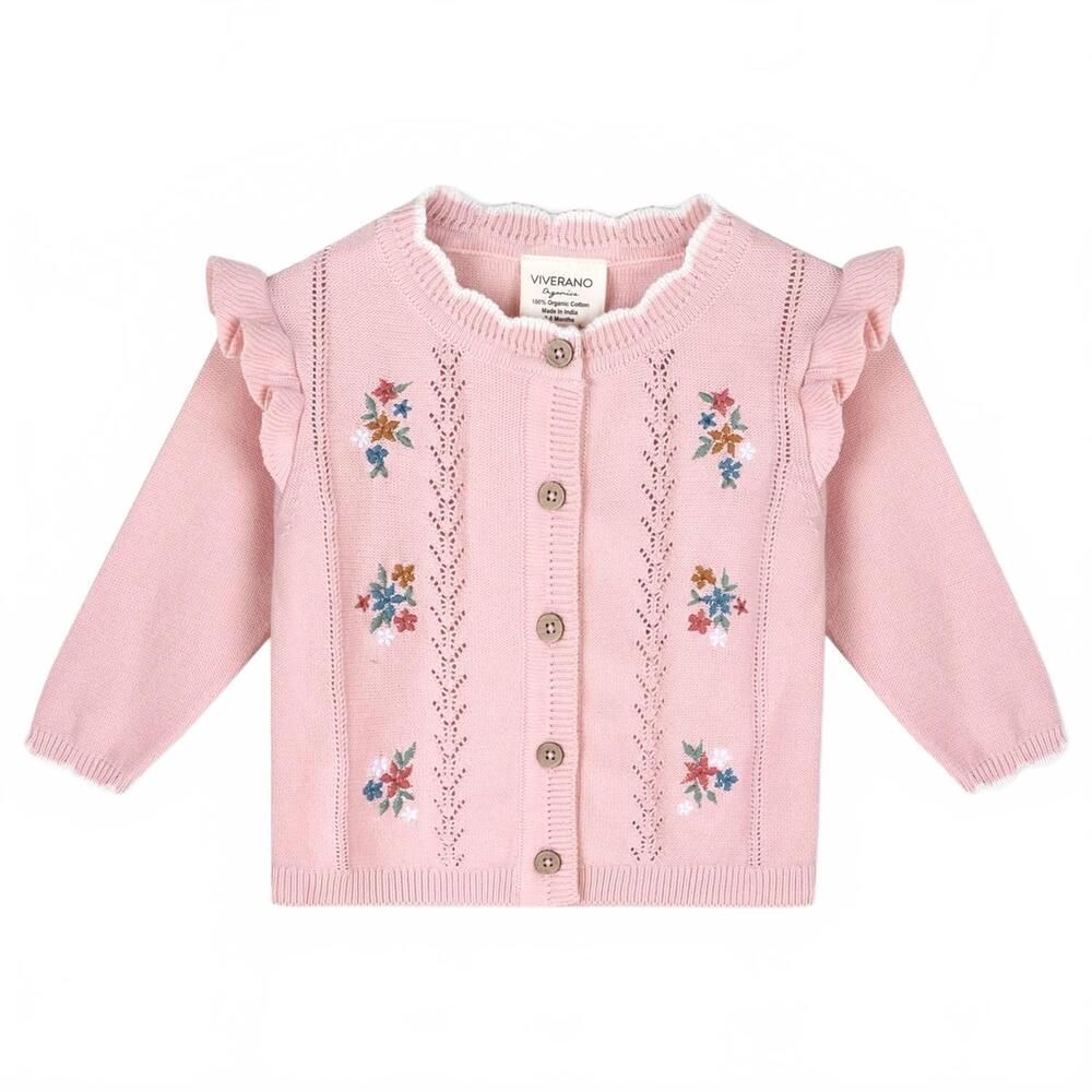 NEW VIVERANO ORGANICS girl's organic bouquet embroidered pointelle knit cardigan